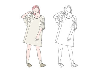 An illustration of a young woman in a casual, oversized t-shirt dress. It shows the figure in both a colored version and a black and white outline.
