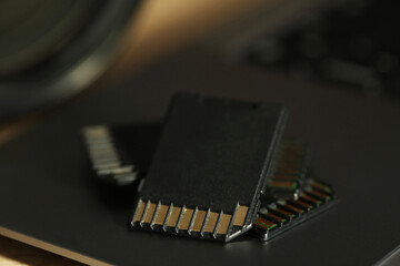 SD memory cards on laptop, closeup view
