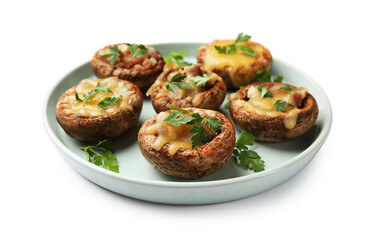 Many tasty stuffed mushrooms isolated on white