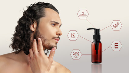 Skincare routine featuring a man applying beard oil with vitamin benefits in a modern setting
