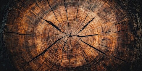 Fototapeta premium Close-up of a weathered tree trunk cross-section. Dark brown wood with concentric rings and deep cracks