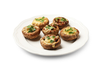 Many tasty stuffed mushrooms isolated on white