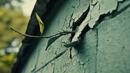 Small branch with leaf reaching through cracked wall.