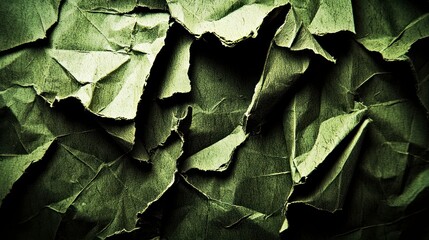 Textured, crumpled, torn, dark green paper background.