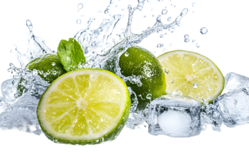 Refreshing citrus burst: Limes and ice cubes in a dynamic water splash on black backdrop