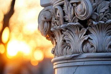Intricate stone column capital, adorned with acanthus leaf carvings, basking in the golden sunset glow.