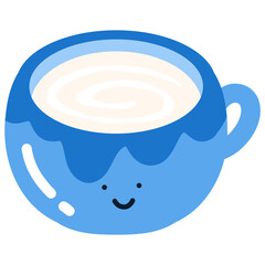 Cute Hot Milk in Blue Cup with Smiling Face – Kawaii Style Flat Vector Illustration