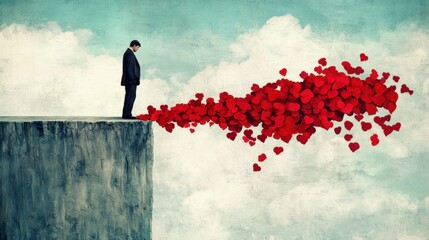 A man in a suit stands on a cliff, looking down at a sea of red hearts floating in the air.