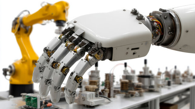 A robotic arm symphony, crafting tiny wonders for International Robot Day, celebrating futurism and mechanical ingenuity's ballet - Powered by Adobe