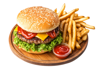 Delicious hamburger with french fries and ketchup served on a wooden plate