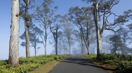 Misty road meanders through enigmatic eucalyptus grove, evoking nature's tranquility, perfect for World Forestry Day meditation and Sylvan Rituals