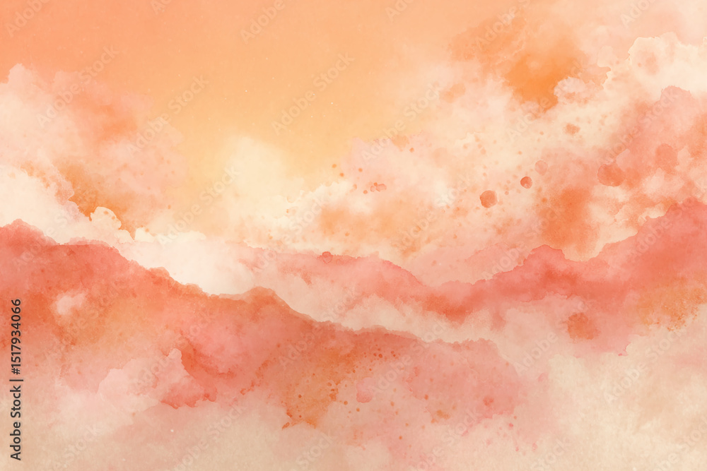 Poster abstract watercolor painting of peach and orange cloudscape, suggesting a serene and peaceful atmosp