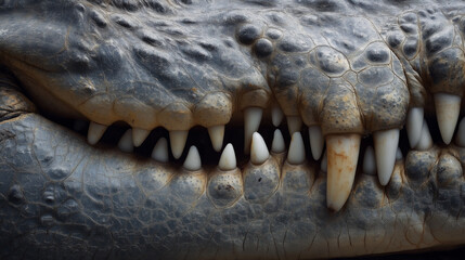 Obraz premium A detailed close-up of a Nile crocodile's jaw, highlighting its textured skin and protruding sharp teeth 