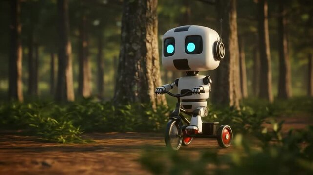 Cute robot riding tricycle in forest