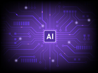Futuristic AI circuit board with glowing purple technology network connections