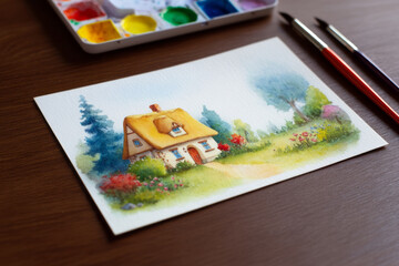 Charming watercolor cottage scene, evoking idyllic summer solstice dreaming, perfect for fairy tale folklore or National Creativity Day