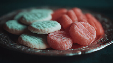 Plate of pastel-hued mochi cookies whispering of Hana Matsuri cheer, lunar gratitude, and clandestine confectionary poetry