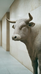 Concrete bull sculpture stands staunchly in urban hall, evocative of Taurus astrology, urban mythologies, strength festivals