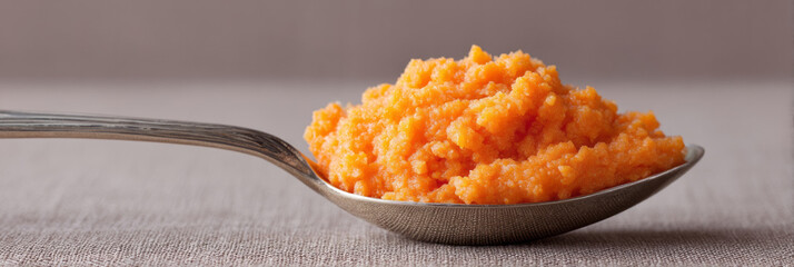 Velvety carrot puree scooped on silver spoon, autumnal comfort food, reminiscent of Samhain feast and culinary mindfulness