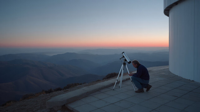 A contemplative male astronomer sets his telescope under the cosmic twilight, celebrating Dark Sky Week and World Space Day