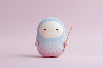 Whimsical pastel creature with fishing pole, invoking Kawaii culture and International Friendship Day, embraces joyfully serene vibes