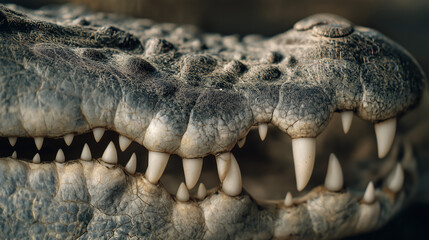 Obraz premium A detailed close-up of a Nile crocodile's jaw, highlighting its textured skin and protruding sharp teeth 