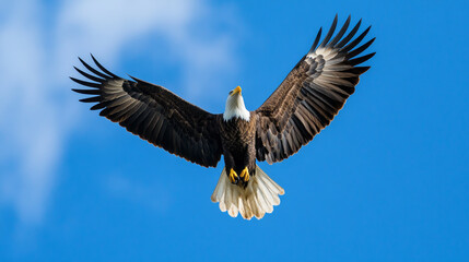 Majestic bald eagle soaring high, symbolic freedom spectacle, Independence Day muse, joyous Avian Appreciation Week, azure sky ballet