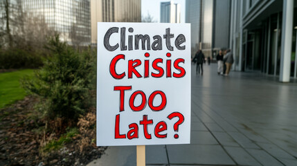 Protest sign boldly questions climate urgency amidst urban jungle, echoing Earth Day urgency and environmental equinox awakening