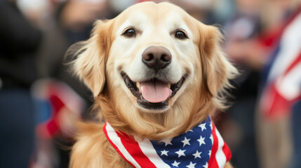 Golden retriever sporting a star-spangled bandana, celebrating Independence Day with boundless joy, canine patriotism, and Americana festivities