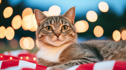 Tabby cat lounging amid twinkling fairy lights, cozy hygge vibes, reminiscent of National Cat Day and Diwali's luminance