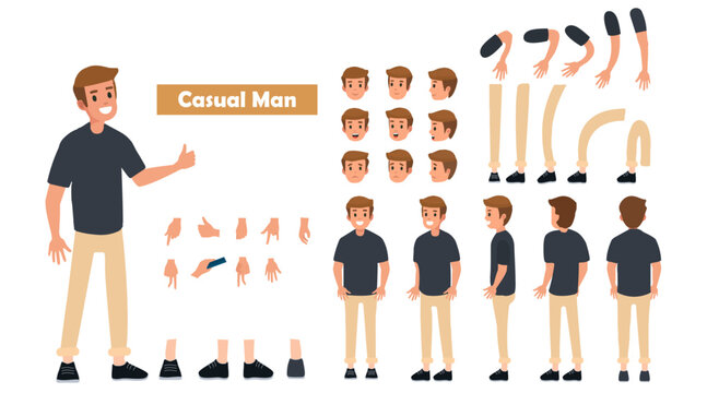 causal man Cartoon 2d man character constructor sets for full body and head rigging design vector	