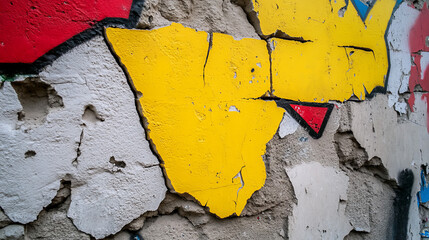 Cracked urban mural whispers tales of forgotten Carnivale revelry and clandestine art, vibrant yellows evoke hidden exuberance