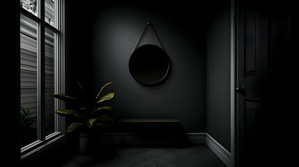 Dark Interior Room With Mirror Plant And Bench