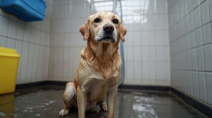 Wet golden retriever ponders existential canine dilemmas during bath time adventure, invoking National Pet Day and Hygge-inspired coziness