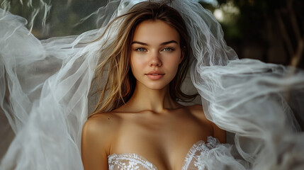Whimsical bridal vision, ethereal Caucasian woman enveloped in gossamer veil; autumnal equinox celebration, enchanting love and transformation