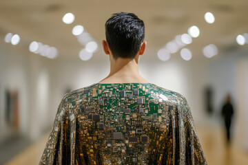 Intricately shimmering circuit board attire adorns mysterious figure's back, blending tech wizardry and fashion alchemy; perfect for Maker Faire or World IoT Day celebrations
