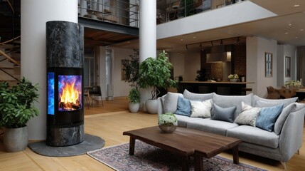 Cozy modern living room with marble fireplace and plush sofa in spacious open-plan loft