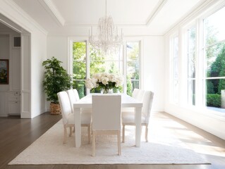 Fototapeta premium White dining room with large windows and a light-colored rug.