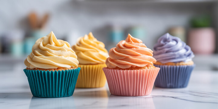 Four pastel cupcakes with swirled frosting, teal, yellow, pink, and purple liners, on marble surface, showcasing variety and sweetness