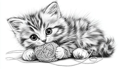sketch of a kitten playing knitting ball