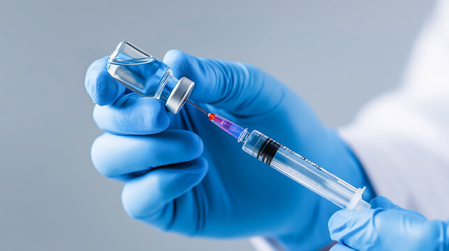 Close up hands of a doctor in glove is holding a medical syringe with a vaccine vial ready for injection vaccine. Injecting, Vaccination, Medicine flu
