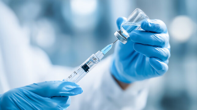 Close up hands of a doctor in glove is holding a medical syringe with a vaccine vial ready for injection vaccine. Injecting, Vaccination, Medicine flu
 - Powered by Adobe