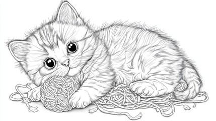 sketch of a kitten playing knitting ball