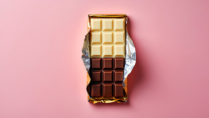 Chocolate bar with dark and white chocolate squares in a golden foil wrapper on a pink background