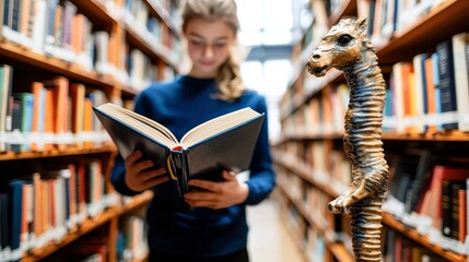 Focused teen engrossed in reading amidst a library's vast collection.
