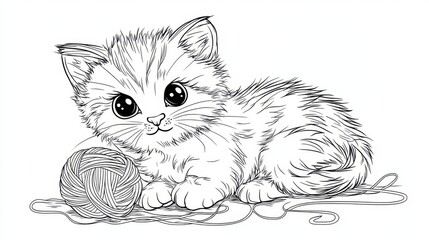 sketch of a kitten playing knitting ball