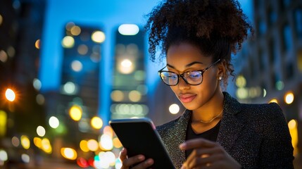 Modern Businesswoman Multitasking with Smartphone and Tablet in Stylish Blazer