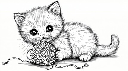 sketch of a kitten playing knitting ball
