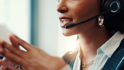Call center, mouth and agent with headset, communication and talking to contact for lead...