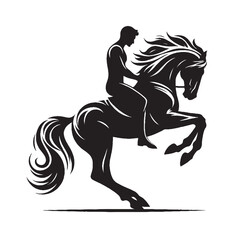 Running Horse with Rider Silhouette – Outline Style Vector Isolated on White Background